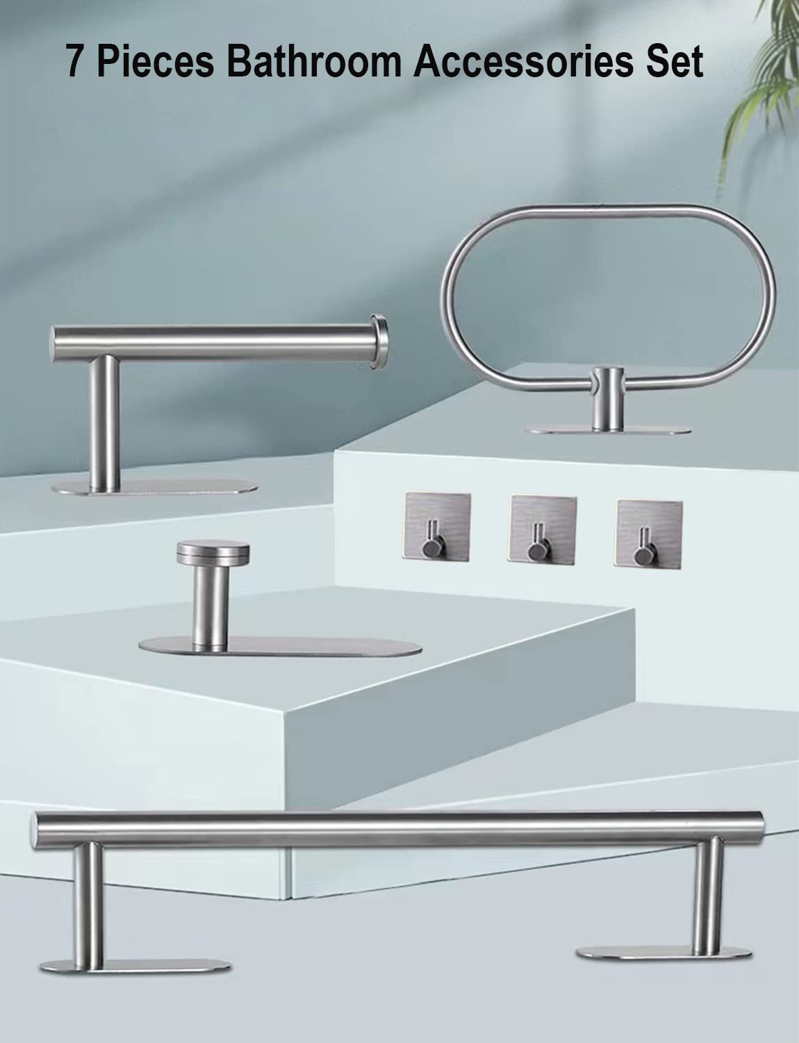 Set di Porta Asciugamani Bagno Adesivo, 7 Pezzi Accessori in Acciaio Inossidabile d'argento da 16 Pollici