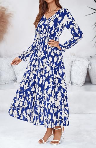 BTFBM Women Fall Dresses 2025 Casual Long Sleeve V Neck Maxi Dresses Floral Boho Long Dress Wedding Guest Dress