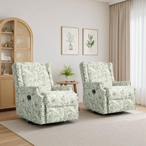 Image of Swivel Rocker Recliner Chairs Set of 2, 360 Swivel Wingback Recliner Chairs for Adults, Upholstered Glider Rocking Chair with High Back, Deep Seat for Living Romm Bedroom, Rococo Green