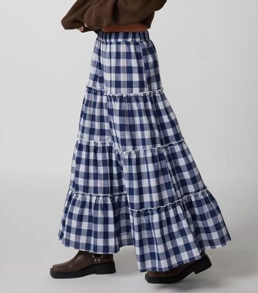 Women Summer Plaid Print Long Skirt Casual Elastic High Waist A Line Maxi Skirt Vintage Flowy Gingham Midi Skirt2