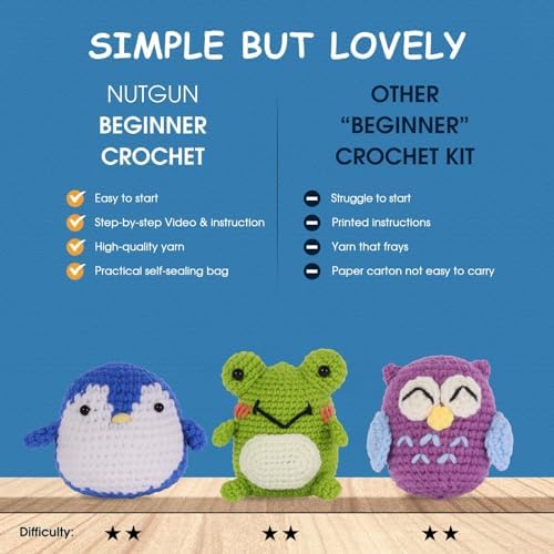 Nutgun Beginners Crochet Kit, Crochet Kit for Beginners Adults and Kids,Complete Crochet Set to Make 3PCS Animals,Include Yarn, Eyes, Stuffing, Crochet Hook,Step-by-Step Instruction and Video Tutorial