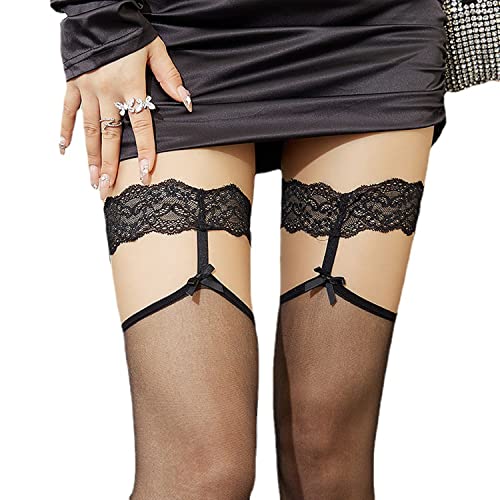 Thigh High Stocking for Women Lace Silikon Socks Satin Bow Top Stocking, A, Einheitsgröße