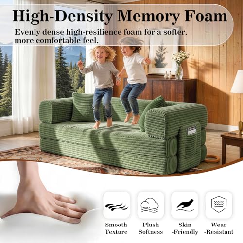 Image of AUGOP Boneless Couch Folding Couches for Living Room Sofa, Futon Sofa Bed with Sleeper Sofa, Futon Couch with Fixed-Shape Oversized Corduroy Upholstered (Green, 81 Inches)