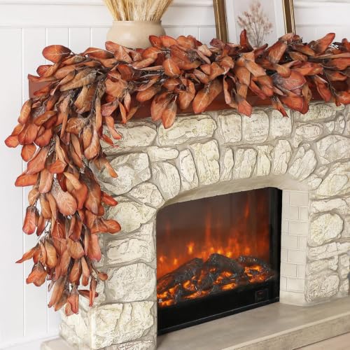 6 FT Artificial Fall Magnolia Leaf Garland for Fireplace Decor(Orange)