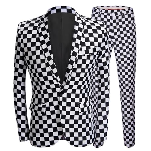 Men's Black and White Checkerboard 2 Pieces Suit One Button Tuxedos for Casual Prom Party