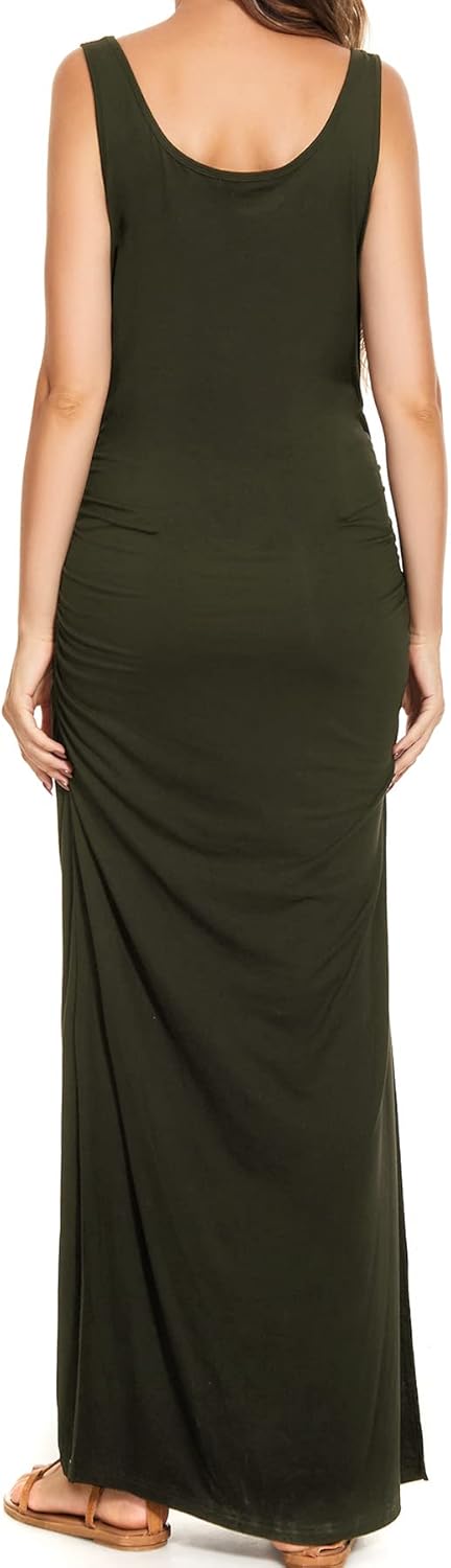 Smallshow Women's Split Long Maternity Dress Sleeveness Ruched Pregnancy Clothes - Image 3