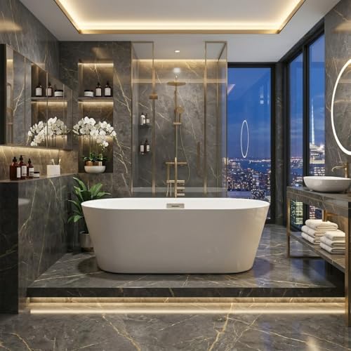 Freestanding Bathtub 67 inch Extra Large Freestanding Bathtub – Modern Oval Freestanding Tub with...