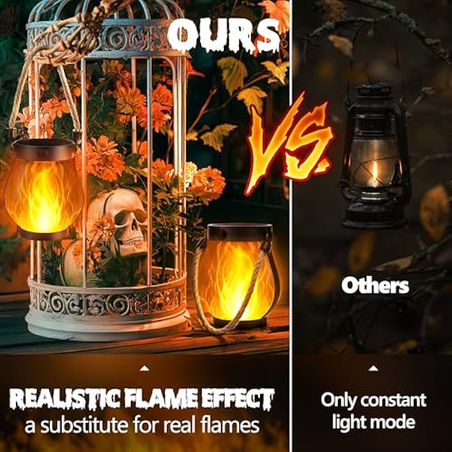 Solar Flame Lantern Hanging Outdoor Waterproof - 2 Pack Flame Lanterns with Dual Charging Modes of Solar & USB for Garden or Yard Decorations (Warm White - 2 Pack)