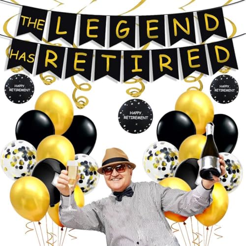 Retirement Party Decorations Black and Gold, The Legend Has Retired Banner, Hanging Swirl Decorations, I'm Retired Satin Sash Retirement Supplies for Men