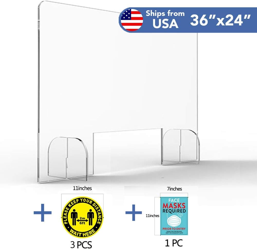 Sneeze Guard for Desk and Counter 36x24 Inches Protective Freestanding 1/4'' Thickness Barrier Shield with Transaction Window Acrylic Plexigalass for Offices and Store… : Office Products