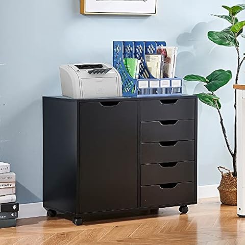 Urkitd Free Standing File Sideboard Cabinet with 5 Drawers 1 Door, Office Lateral Filing Cabinet with Wheels, Movable File Container Filing Storage Cabinet, Wood Printer Stand Cupboard, Black Cover