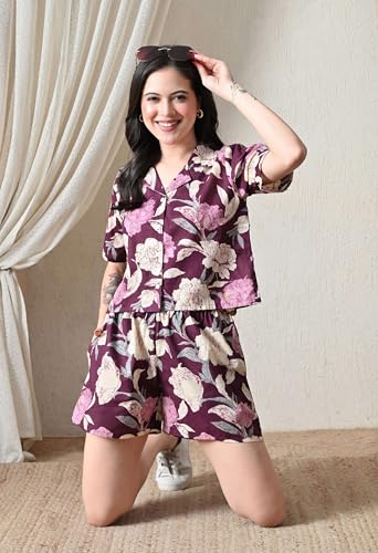 Image of Women Cotton Pajama Set Shirt & Shorts | Co-Ord Night Suit Soft Breathable Printed Sleepwear Lounge Wear Comfortable