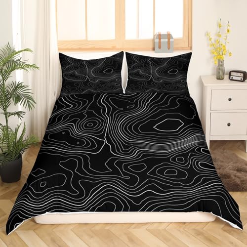 Loussiesd Galaxy Print Bedding Set for Kids Boys Girls Stylish Topographic Contour Design Comforter Cover Set Geometric Duvet Cover Black White Bedspread Cover Bedding Collection 3Pcs Double - Image 3