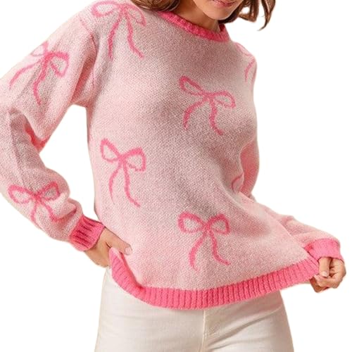 Image of Women Cute Bow Knit Sweater Y2k Long Sleeve Crew Neck Knitted Pullover Top Oversized Going Out Fall Winter Knitwear