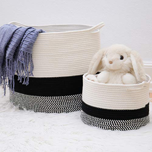 Image of HomeSMTH Large Cotton Rope Basket, White - Dark Navy Storage Baskets, Large 20"x16" Small 12"x8", 2 Piece Set, for Baby Laundry Hamper, Woven Nursery Baskets, Decorative Room