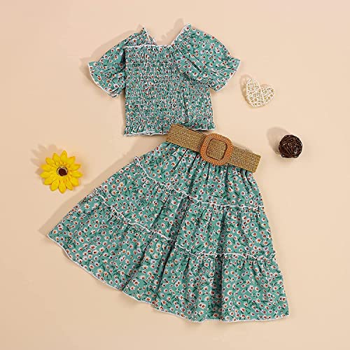 Image of Kids Baby Girls Outfits Floral Ruffle Off Shoulder Crop Tops + Bowknot Denim Shorts Skirt Set Toddler Summer Clothes