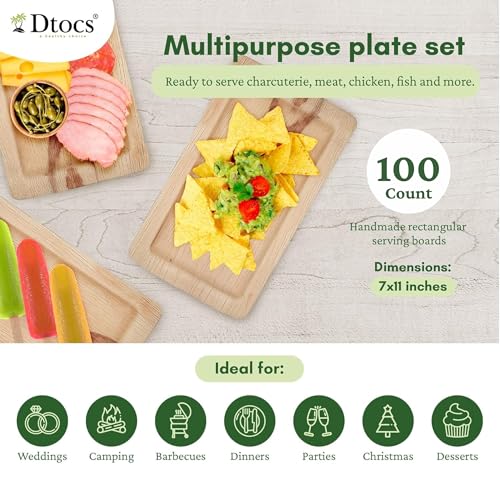 Palm Leaf Rectangle Plates (Pack of 100) | Compostable Disposable Trays for Food | Eco-Friendly Alternative to Paper Plates