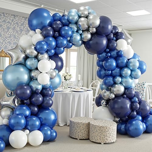Image of 412Pcs Blue Balloon Arch Kit,5 10 12 18 inch Blue Balloon Garland with Metallic Dark Blue Silver Balloons for Baby Shower Graduation Birthday Wedding Party Decorations