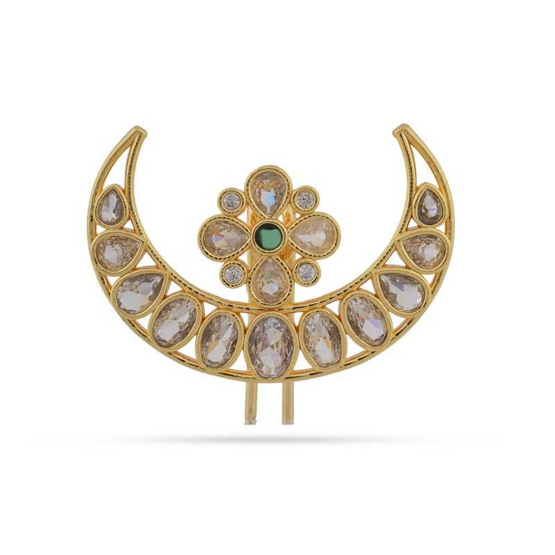 Gold Tone Crystal & Emerald Moon Jadabillalu- Hair Accessory | Jadai Billali Bharatanatyam Classical Dance Hair Accessories | South Indian Bridal Jewellery for Wedding & Festivals (Green)