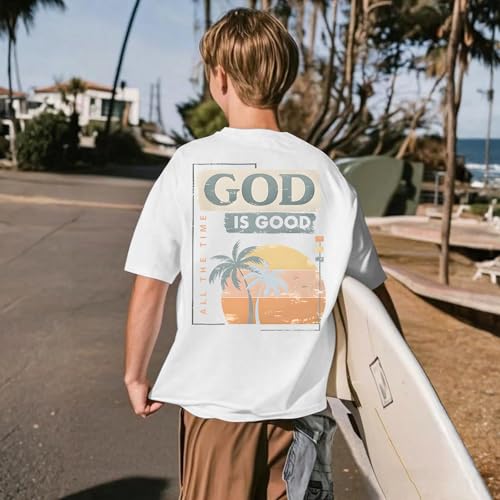 Image of KEEVICI Boys God is Good Shirt Christian Faith Shirts for Kids Jesus Beach Palm Tree Hawaiian Tshirt Graphic Tees Cotton Tops