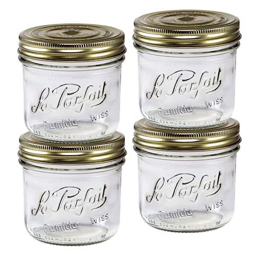 Le Parfait Familia Wiss 16oz (500ml) Wide Mouth Glass Canning Jars 4PK Made in France Airtight 2-Piece Lid Reusable Zero Waste & Eco-Friendly for Kitchen Storage Meal Prep Fermentation & Baking