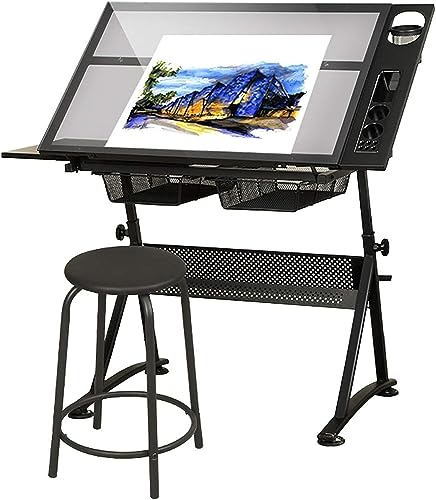 Multifunctional Glass Drafting Table Height Adjustable Drawing Desk W/ 2 Storage Drawer, Tiltable Desk Art Table