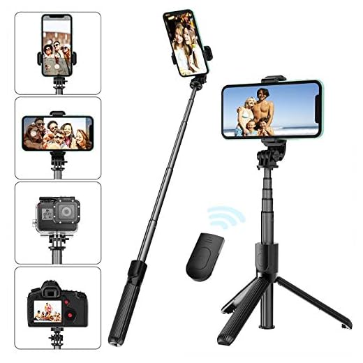 Selfie Stick Tripod with Removable Wireless Bluetooth Remote Shutter Compatible,Lightweight Extendable Aluminum Pocket Selfie Stick for iPhone 11/XR/X/8/8P/7/7P Android Phone，Gopro,Webcam and Camera