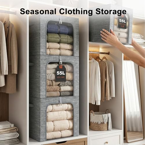 Image of GoMaihe Blanket Storage Bins with Metal Frame, 6-Pack Large Closet Storage Bins with Lid & Clear Window, Comforter Bedding Storage Organizer for Walk-in Closet Cationic Fabric 55L