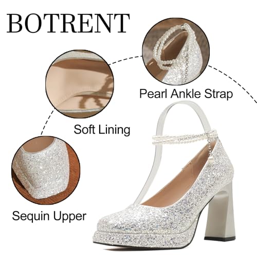 Women's Shiny Sequin Platform Chunky Heel Pumps Fashion Pearl Ankle Strap Square Closed Toe High Heel Dress Shoes for Wedding Evening Dating3