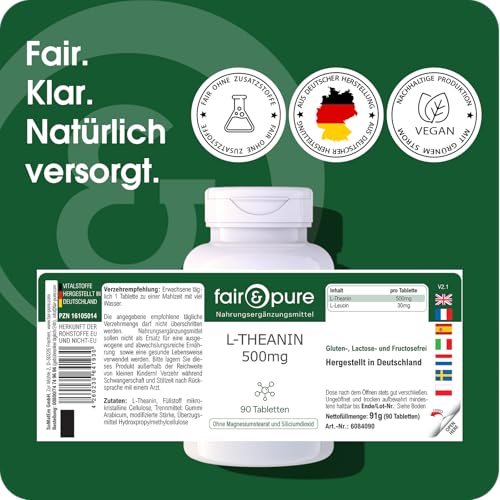 Fair & Pure L-Theanin 500 mg, 90 Tabletten, hochdosiert, Nahrungsergänzungsmittel vegan ohne Magnesiumstearat, in Deutschland hergestellt
