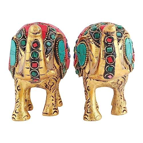 Image of Kalakriti Multicoloured Stone Studded Metal Trunk-up Elephant Showpiece for Good Luck (Vaastu) | Pack of 2 | Decorative Elephant Statue Idol for Home Decor for Prosperity and Luck