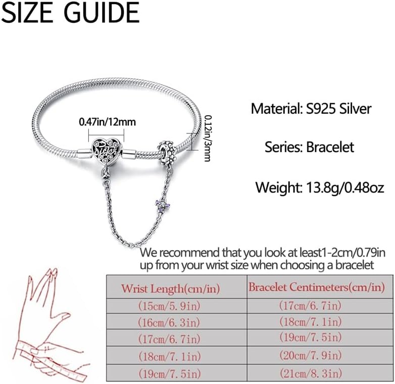 KUNSIR 925 Sterling Silver Snake Chain Bracelet with Safety Chain Charm Bracelets for Women Teen - Image 5