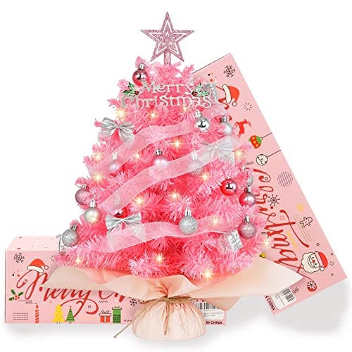 20' Mini Pink Christmas Tree, Artificial Small Christmas Tree with Lights, Tabletop Christmas Tree with Star Treetop,Bow Boxes and Ball Ornaments for DIY Christmas Decoration (Pink)