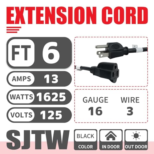 Image of EP 6FT Outdoor Extension Cord, 16 /3 SJTW Heavy Duty Black, ETL Listed