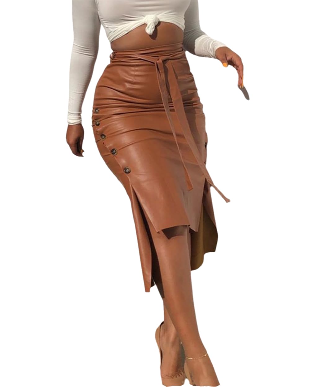 Womens Artificial Leather Half-Length Skirt high-Waisted Knee-Length Fitted Pencil Skirt with Slits