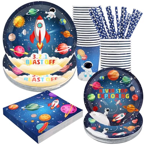 Space Birthday Party Supplies Decorations, Outer Space Theme Paper Plates and Napkins Set for 24 Guests, 120 Pcs Disposable Galaxy Party Dessert Dinnerware