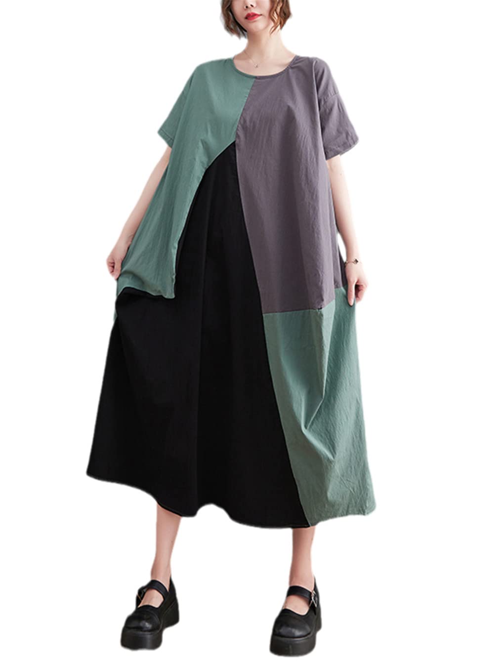 Suvoiier Damska patchworkowa nieregularna bawełniana sukienka z konopi letnia damska luźna casualowa sukienka damska elegancka sukienka