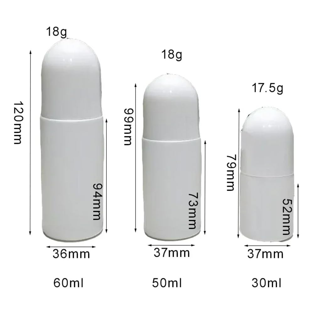 50 Stück 30 ml, 50 ml, 60 ml, weiße Roll-on-Plastikflaschen, nachfüllbare Roller-Flasche mit Kappen, auslaufsicher, DIY-Deodorant für ätherische Öle, Parfums, Balsame, Schönheit und Körperpflege (60