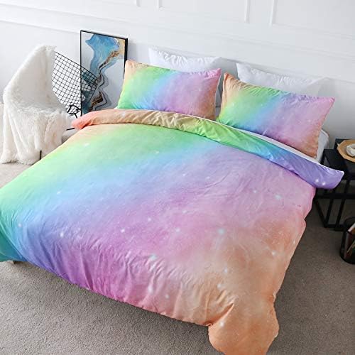 BlessLiving Glitter Bedding Set Single Size for Girls Boys Ombre Duvet Cover Purple Blue Orange Bed Set 3 Piece Watercolor Pastel Bedspreads Single Size