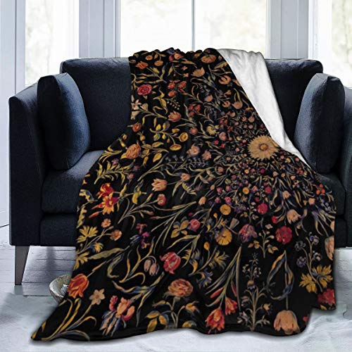 Flannel Plush Travel Throw Blanket, Medieval Flowers On Black Vintage Florals Garden Pattern Throw For Better Relaxing Picnic, Air Conditioning Blanket And Thick Easy Care 50" X 40" #TOP5