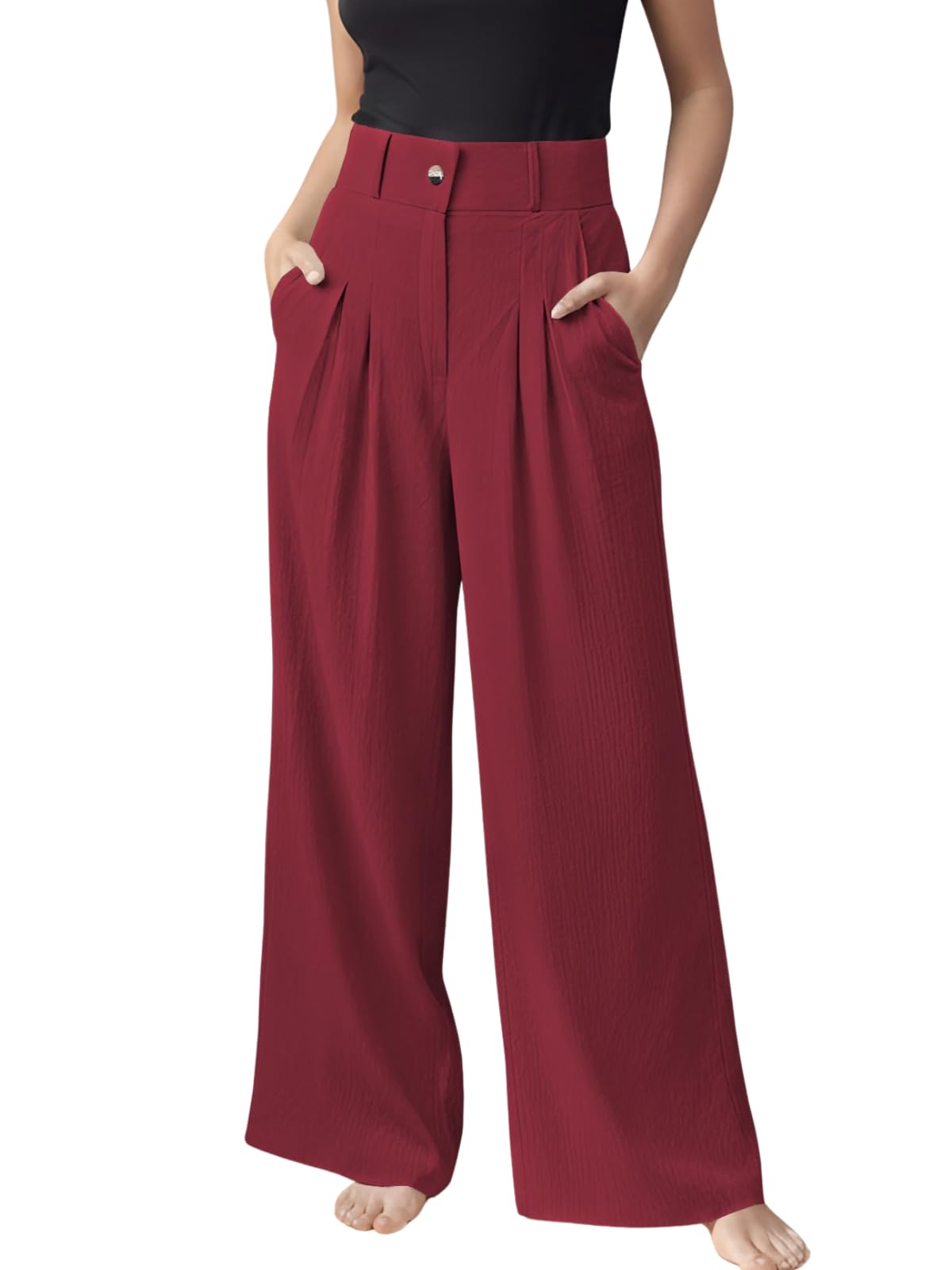 GRECIILOOKS Pantalones de cintura alta para mujer | Pantalones de pierna ancha | Ropa de oficina Pantalones plisados coreanos para mujer | Pantalones formales elegantes