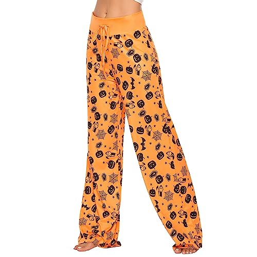 Calça de pijama feminina de Halloween, ajuste solto, estampada, abóboras, fantasma, com cordão, calç