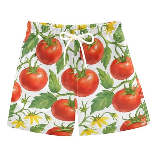 DOMIKING Tomato Blossom White Boys' Swimwear Quick Dry Swim Trunks with Pockets for Boys Kids Adjustable Waist L