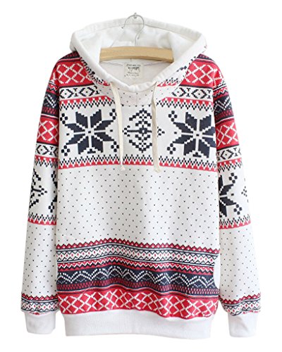 Preisvergleich Produktbild Minetom Damen Winter Warm Süß Vlies Kapuzenpullover Ethnisch Drucken Sweatshirts Weihnachten Schneeflocke Mit Kapuze Tops Weiß DE 38