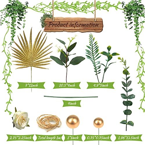 18 Pcs Natural Boho Cake Topper With Artificial Seeded Eucalyptus Leaves Stems Gold Balls Palm Leaves White Flowers 1M Hemp Rope For Diy Cake Decorations Wedding Baby Shower Birthday Party Supplies #TOP2