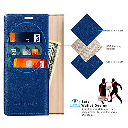 Belemay Iphone 8 Plus Wallet Case, Genuine Cowhide Leather Flip Case [Slim Fit] Folio Cover [Shockproof Soft Tpu Inner Case] Card Holder Slots, Kickstand, Cash Pockets Compatible Iphone 8 Plus, Blue #TOP2