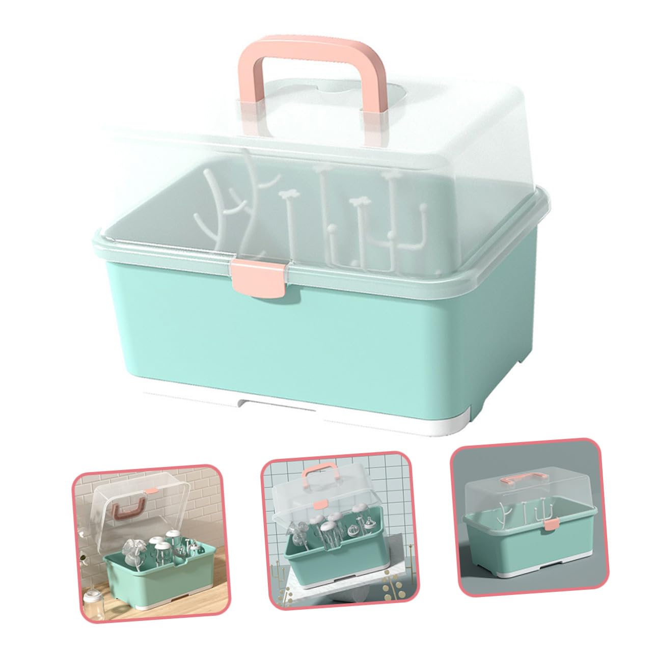 Hohopeti Babynahrungsflaschen Trockengestell mit Deckel Küchenorganizer für Babyflaschen und Zubehör Aufbewahrungsbox mit Abtropfschale Praktischer Flaschenhalter für Stillzubehör Grün