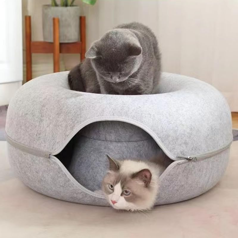Letto a tunnel a forma di ciambella per gatti, letto a tunnel per gatti indoor - Letto rotondo per gatti in feltro con tunnel a forma di ciambella rimovibili e traspiranti | Tunnel in per gatti