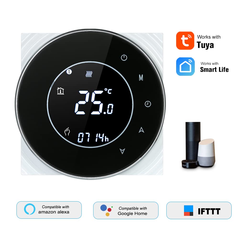 Decdeal Raumthermostat Gaskesselheizung WiFi Runde LCD Touchscreen Programmierbare Thermostat mit Hintergrundbeleuchtung 0.5 ° C Genauigkeit Sprachsteuerung App Fernbedienung