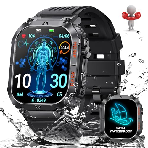Smartwatch Herren mit Telefonfunktion, 5ATM Wasserdicht Milit&auml;r Smartwatch mit Kompass, 2,02' Robuste Outdoor Touchscreen Uhren mit 24H Gesundheits-Screening, 110+ Sportmodi Fitnessuhr f&uuml;r Android iOS